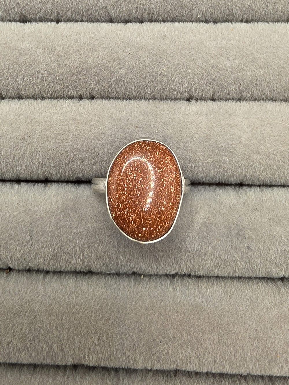 Goldstone Oval Silver Plated Ring Size 7 3/4 - Brown Gold Sparkle